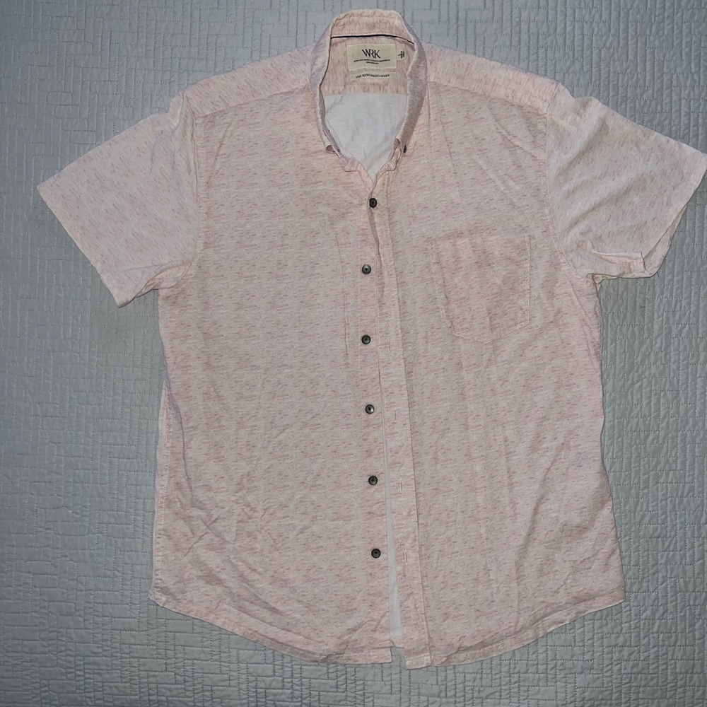 Men's WRK Pink Short Sleeve Button Up Shirt Size Large Slim Fitting